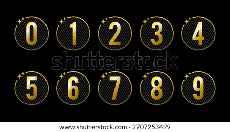 Gold Number Set from Zero to Nine Luxury Round Digit Icons on Black Background.