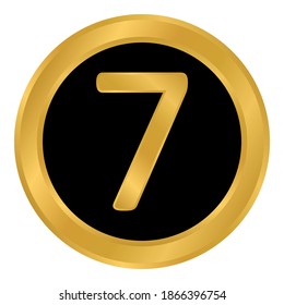 Botón número siete de oro sobre fondo blanco. Ilustración vectorial.