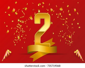 gold number two background with gold ribbon on red background