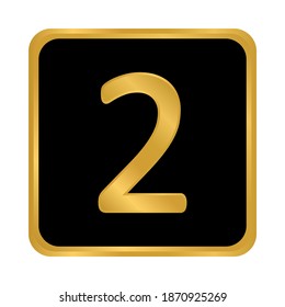 Gold number two button on white background. Vector illustration.