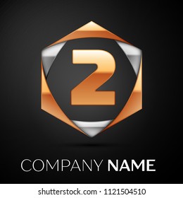Gold Number Two logo symbol in the golden-silver hexagonal on black background. Vector template for your design