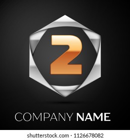 Gold Number Two logo symbol in the colorful silver hexagonal on black background. Vector template for your design