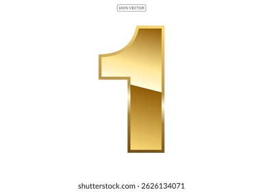  Gold numbers 1 with endings made of golden ribbons isolated on transparent background. Vector decorative design elements template