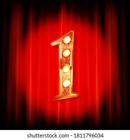 Gold numbers 1 on the background of a red curtain. Greeting card template. Vector illustration