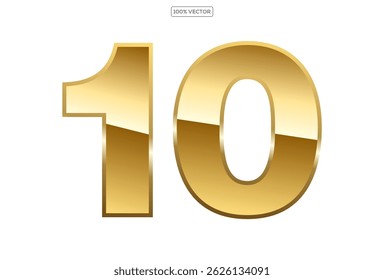  Gold numbers 10 with endings made of golden ribbons isolated on transparent background. Vector decorative design elements template