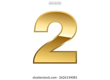  Gold numbers 2 with endings made of golden ribbons isolated on transparent background. Vector decorative design elements template