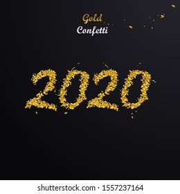 gold numbers 2020 from confetti. Vector illustration, calligraphy. new Year. Text  greeting cards or print.