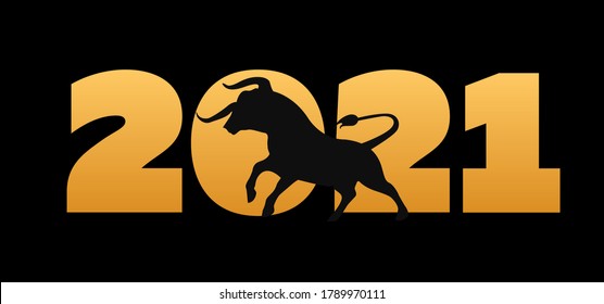 gold numbers 2021.Bull silhouette black. Chinese new year 2021 year of the ox