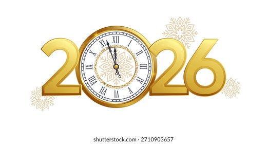 Números de oro 2026 y un reloj con un copo de nieve sobre un fondo blanco. Nuevo Año y Navidades. Anuncio Horizontal. Ilustración vectorial.