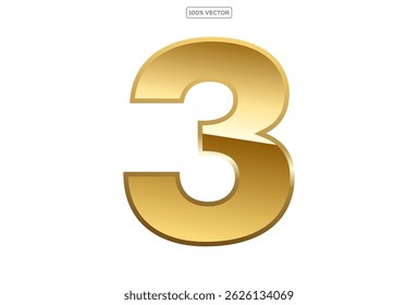  Gold numbers 3 with endings made of golden ribbons isolated on transparent background. Vector decorative design elements template