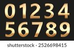 Gold numbers. 3D golden font for anniversary. Metal letter design. Birthday or wedding luxury decoration. Glossy metallic shine. Sale numeral icons. Typography logo elements vector set