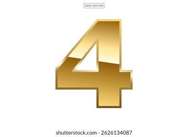  Gold numbers 4 with endings made of golden ribbons isolated on transparent background. Vector decorative design elements template