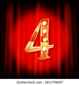 Gold numbers 4 on the background of a red curtain. Greeting card template. Vector illustration