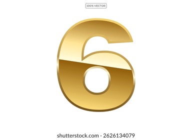  Gold numbers 6 with endings made of golden ribbons isolated on transparent background. Vector decorative design elements template