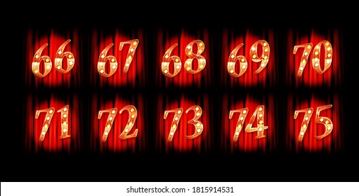 Gold numbers 66-75 on the background of a red curtain. Greeting card template. Vector illustration