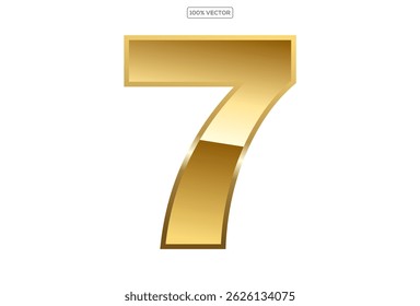  Gold numbers 7 with endings made of golden ribbons isolated on transparent background. Vector decorative design elements template
