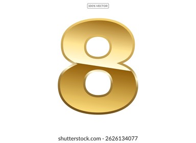  Gold numbers 8 with endings made of golden ribbons isolated on transparent background. Vector decorative design elements template