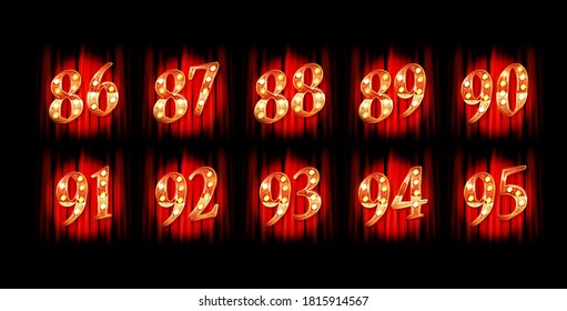 Gold numbers 86-95 on the background of a red curtain. Greeting card template. Vector illustration