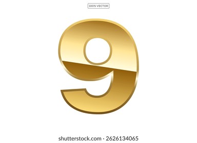  Gold numbers 9 with endings made of golden ribbons isolated on transparent background. Vector decorative design elements template
