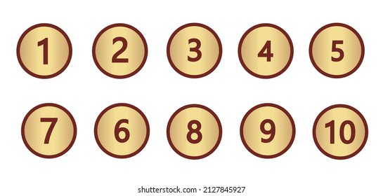 Gold numbers button symbols. Numbers on gold circle vector illustration. 1 to 10 Numbers in gold color