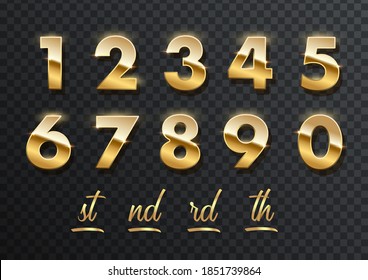 Gold numbers with endings made of golden ribbons isolated on transparent background. Vector decorative design elements.