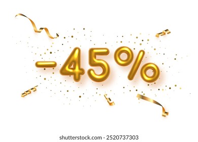 Gold numbers with sales discount 45 percentages. Season sale symbols in form of golden decorative balloon number 45, minus and percent signs. Promotion banner on white background vector illustration.