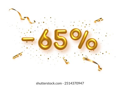 Gold numbers with sales discount 65 percentages. Season sale symbols in form of golden decorative balloon number 65, minus and percent signs. Promotion banner on white background vector illustration.