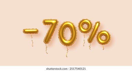 Números de oro con descuento de ventas 70 porcentajes. Símbolos de venta de temporada en forma de globo decorativo dorado número 70, signos menos y por ciento. Anuncio de la promoción en la Ilustración vectorial de fondo beige.