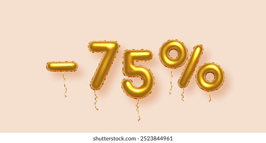 Gold numbers with sales discount 75 percentages. Season sale symbols in form of golden decorative balloon number 75, minus and percent signs. Promotion banner on beige background vector illustration.