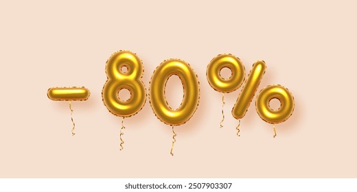 Gold numbers with sales discount 80 percentages. Season sale symbols in form of golden decorative balloon number 80, minus and percent signs. Promotion banner on beige background vector illustration.