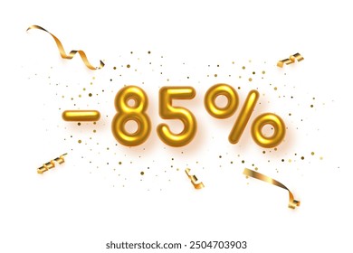 Gold numbers with sales discount 85 percentages. Season sale symbols in form of golden decorative balloon number 85, minus and percent signs. Promotion banner on white background vector illustration.