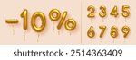 Gold numbers with sales discount percentages. Sale symbols in form of golden decorative balloon numbers with numbers from 0 to 9. Promotion banner on beige background vector illustration.