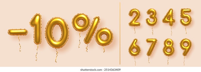 Gold numbers with sales discount percentages. Sale symbols in form of golden decorative balloon numbers with numbers from 0 to 9. Promotion banner on beige background vector illustration.