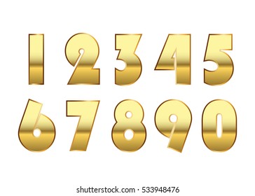 Gold numbers set. Golden metallic font, isolated on white background. Beautiful typography metal design for decoration. Symbol elegance royal graphic. Modern fashion signs. Vector illustration