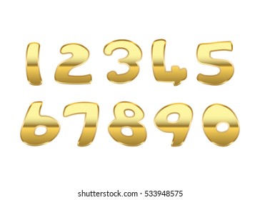 Gold numbers set. Golden metallic font, isolated on white background. Beautiful typography metal design for decoration. Symbol elegance royal graphic. Modern fashion signs. Vector illustration