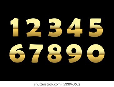 Gold numbers set. Golden metallic font, isolated on black background. Beautiful typography metal design for decoration. Symbol elegance royal graphic. Modern fashion signs. Vector illustration