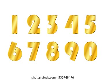 Gold numbers set. Golden metallic font, isolated on white background. Beautiful typography metal design for decoration. Symbol elegance royal graphic. Modern fashion signs. Vector illustration