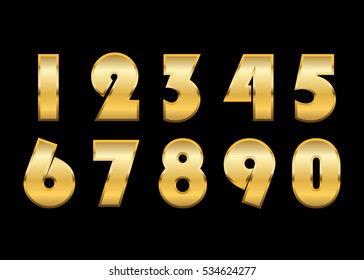 Gold numbers set. Golden metallic font, isolated on black background. Beautiful typography metal design for decoration. Symbol elegance royal graphic. Modern fashion signs. Vector illustration