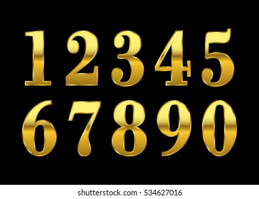 Gold numbers set. Golden metallic font, isolated on black background. Beautiful typography metal design for decoration. Symbol elegance royal graphic. Modern fashion signs. Vector illustration