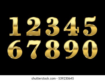 Gold numbers set. Golden metallic font, isolated on black background. Beautiful typography metal design for decoration. Symbol elegance royal graphic. Modern fashion signs. Vector illustration