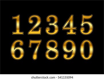 Gold numbers set. Golden metallic font, isolated on black background. Beautiful typography metal design for decoration. Symbol elegance royal graphic. Modern fashion signs. Vector illustration
