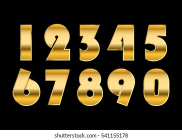 Gold numbers set. Golden metallic font, isolated on black background. Beautiful typography metal design for decoration. Symbol elegance royal graphic. Modern fashion signs. Vector illustration