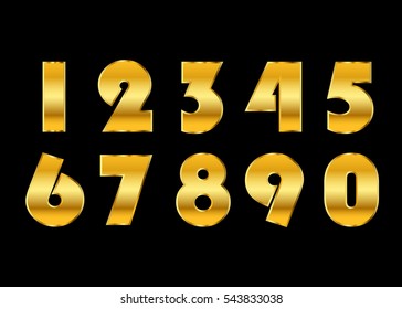 Gold numbers set. Golden metallic font, isolated on black background. Beautiful typography metal design for decoration. Symbol elegance royal graphic. Modern fashion signs. Vector illustration