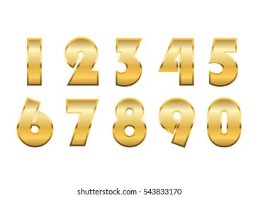 Gold numbers set. Golden metallic font, isolated on white background. Beautiful typography metal design for decoration. Symbol elegance royal graphic. Modern fashion signs. Vector illustration