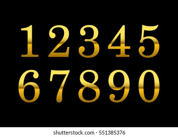 Gold numbers set. Golden metallic font, isolated on black background. Beautiful typography metal design for decoration. Symbol elegance royal graphic. Modern fashion signs. Vector illustration