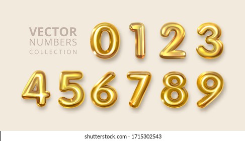 Gold Numerals Set. Golden Yellow Metal Letter. Number 1 2 3 4 5 6 7 8 9 0. Alphabet Font. Typography Design Element. Party Background. Foil Symbol. Bright Metallic 3D, vector realistic illustration
