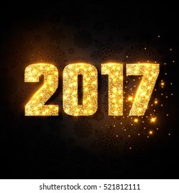 Gold numeric 2017. Christmas, new year concept with glowing lights, black background. Vector illustration EPS 10.