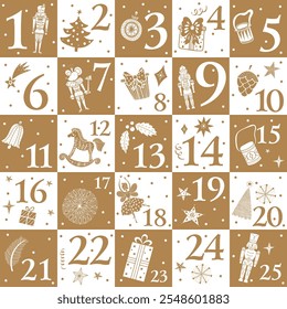 Gold Nutcracker christmas advent calendar design. Gold and silver illustration, background for calendar, wall decor, card, banner etc.