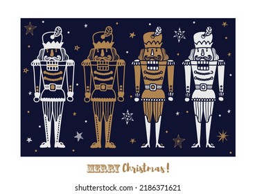 Gold Nutcracker. Cute Christmas vector poster. 
