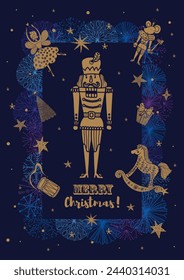 Gold Nutcracker. Cute Christmas vector poster. 
